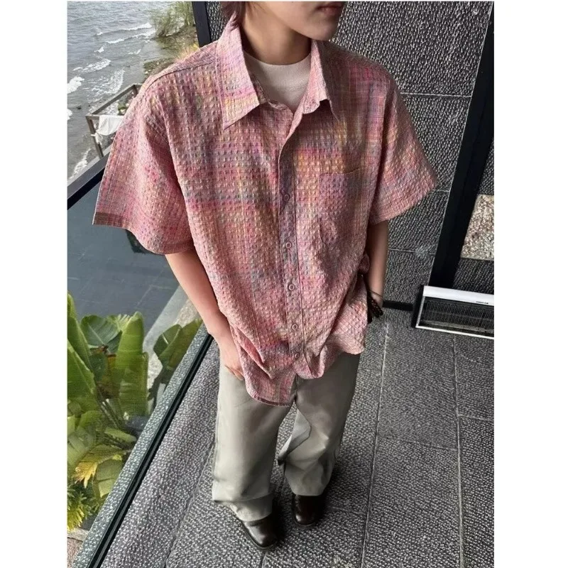 Summer Pink Seersucker Short-sleeved Shirt Boys Senior Teenager Feeling Beach Travel Atmosphere Feeling Shirt