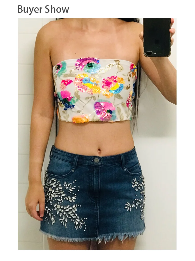 Sexy rosa Pailletten kette Crop Tops weibliche träger lose weiße schicke Blume rücken freie Korsetts Halfter Frauen Wrap Top Club Sommer heiß