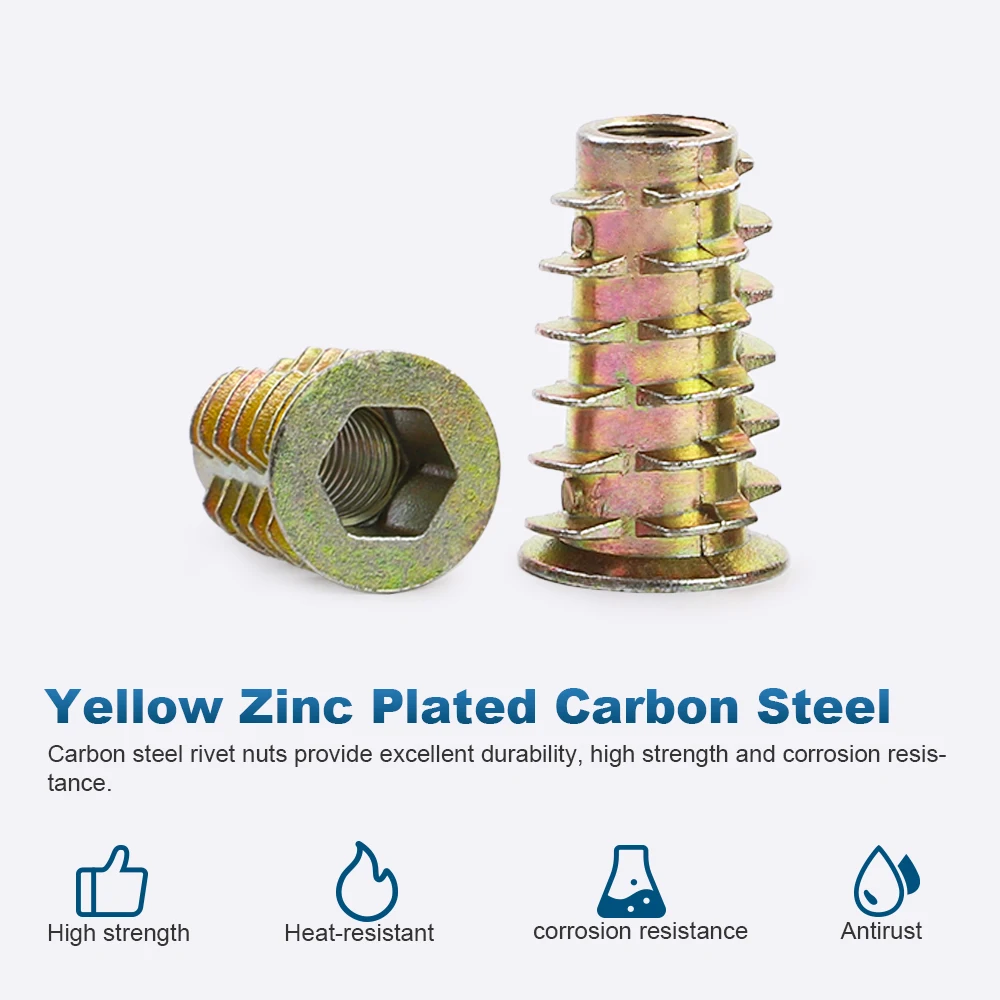 HOWSHENG-tuerca de inserción de rosca M4 piezas M8, insertos de tornillo hexagonal Chapado en Zinc de acero al carbono para muebles de madera, 10-60