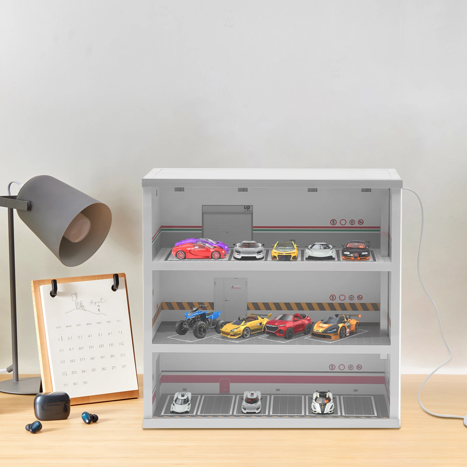 علبة عرض المرآب مع أضواء LED نموذج عرض السيارة عرض القضية 1:64 مقياس مشهد مساحة مواقف السيارات الصغيرة القابلة للجمع