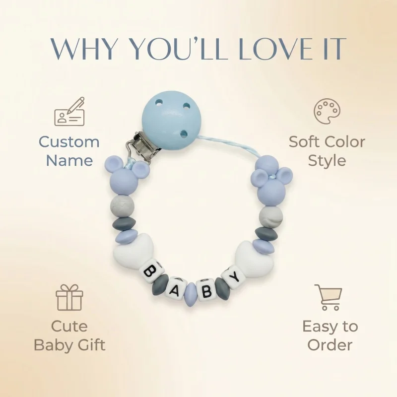 Custom Baby Name Pacifier Holder Blue Heart Silicone Beads Handmade Dummy Clip for Boys Shower Gift Nipple Strap Teething Chain