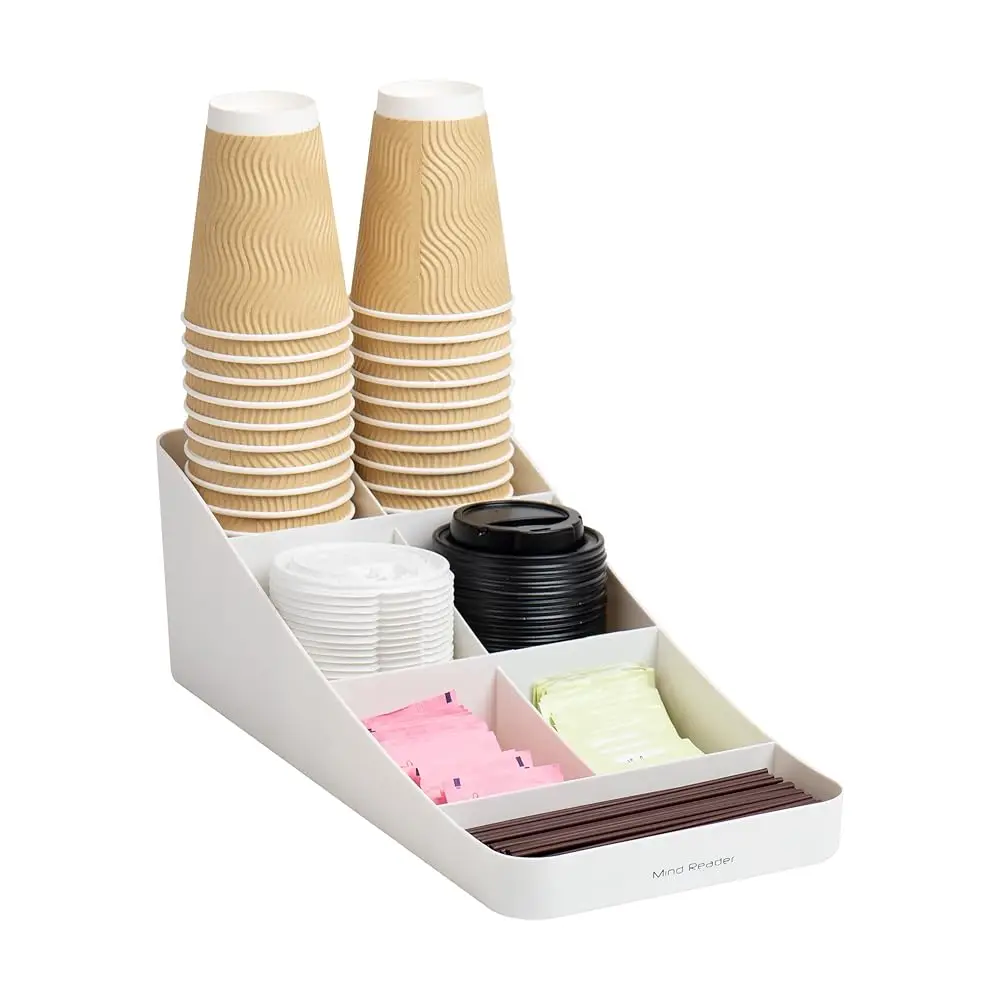 7 Compartment Coffee Condiment, Cups, Lids, Sugars, Stirrers,Storage Organizer, White