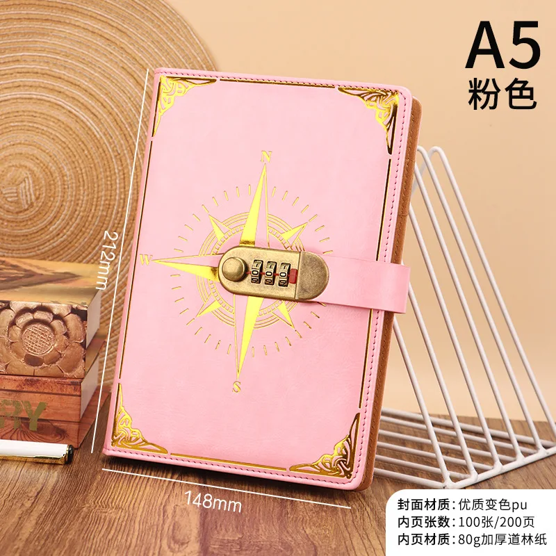 A5 Mit Schloss Tagebuch Notebook Kompass Hand Ledger Student Notizblock Schreibwaren Retro Passwort Buch – Detail 10