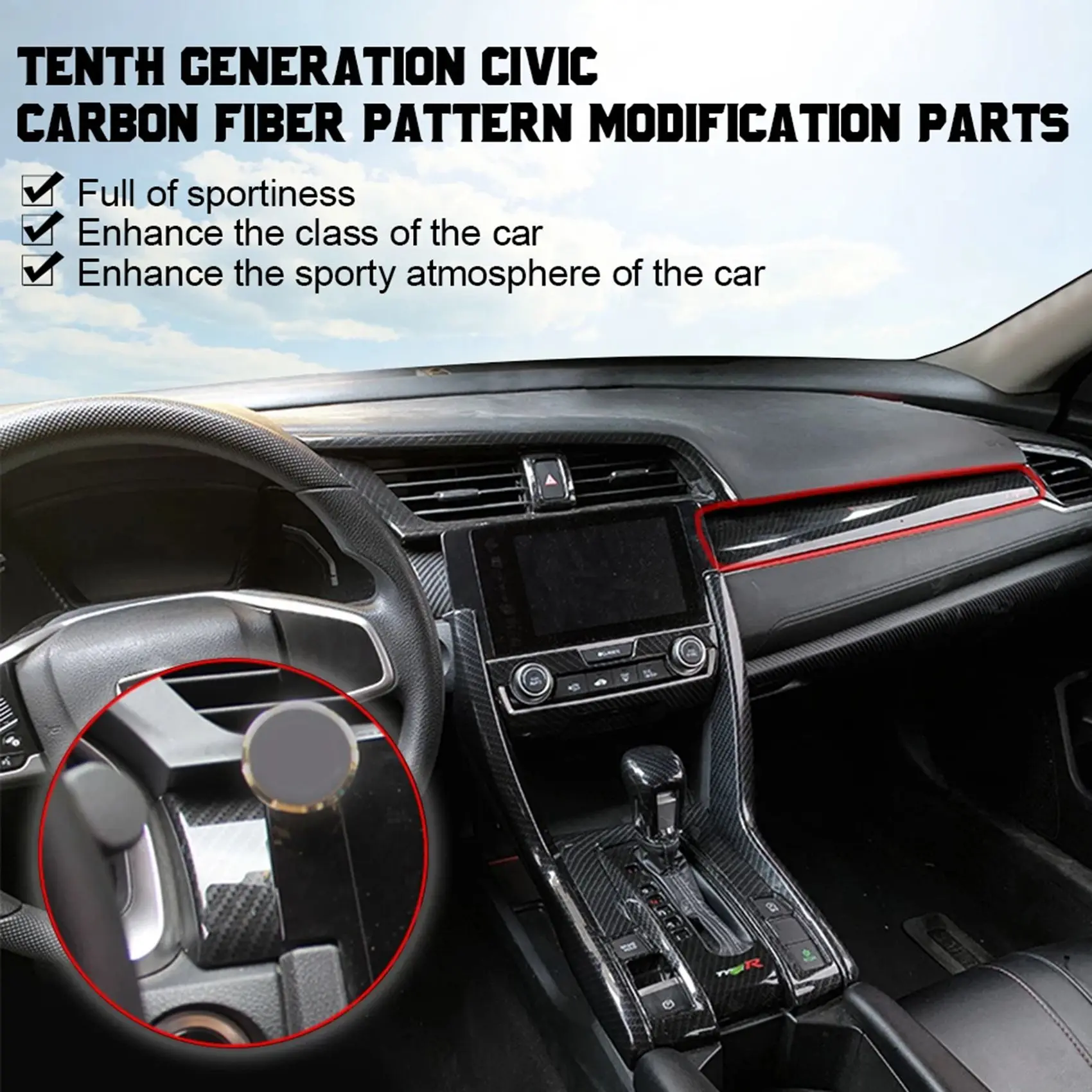 6Pcs Car Interior Moulding Dashboard Trims Strips Center Consoles Stickers Trim Cover for Honda Civic 10Th Gen 2016-2020