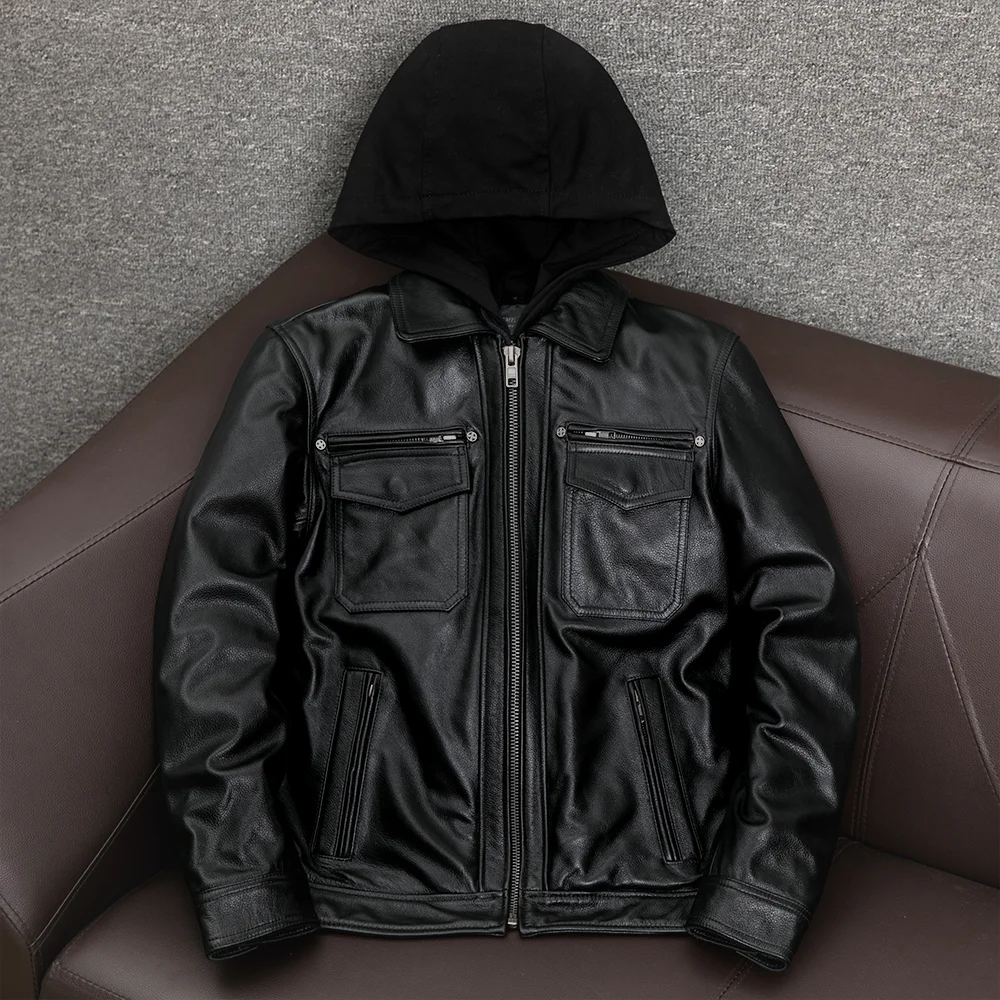 

Мужская мотоциклетная куртка Harley из натуральной яловой кожи со съемным капюшоном, хлопковый кожаный воротник, облегающая верхняя одежда