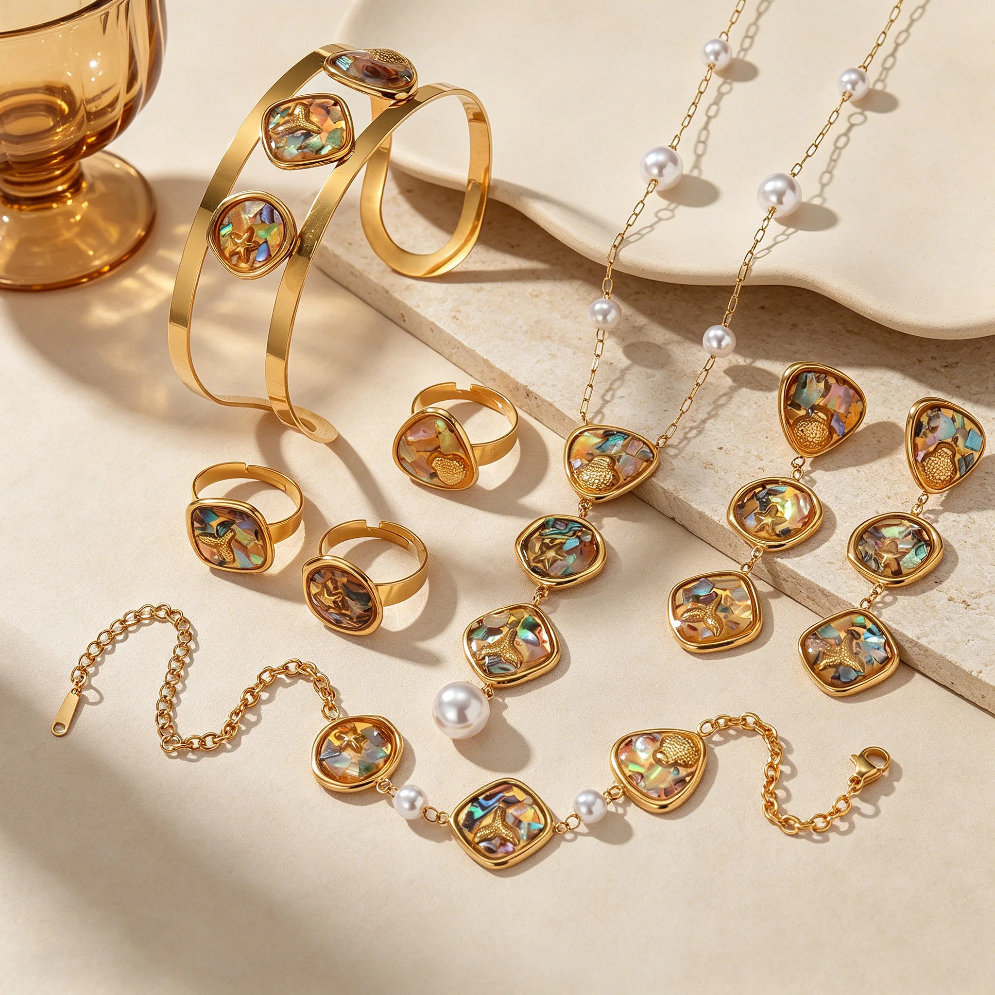 Fashion Abalone Shell Necklaces Rings Earrings Bracelet Jewelry Set For Women Stainless Steel Ocean Series Summer Jewelry  Gifts - view 6