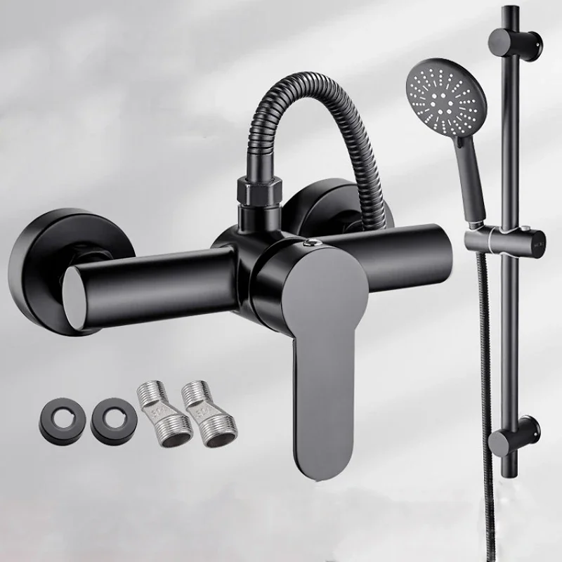 Bathroom Shower Faucet Triple Bathtub Faucet Black Finish Wall Mounted 304 Stainless Steel Hot Cold Water Mixer Valve Nozzle Tap