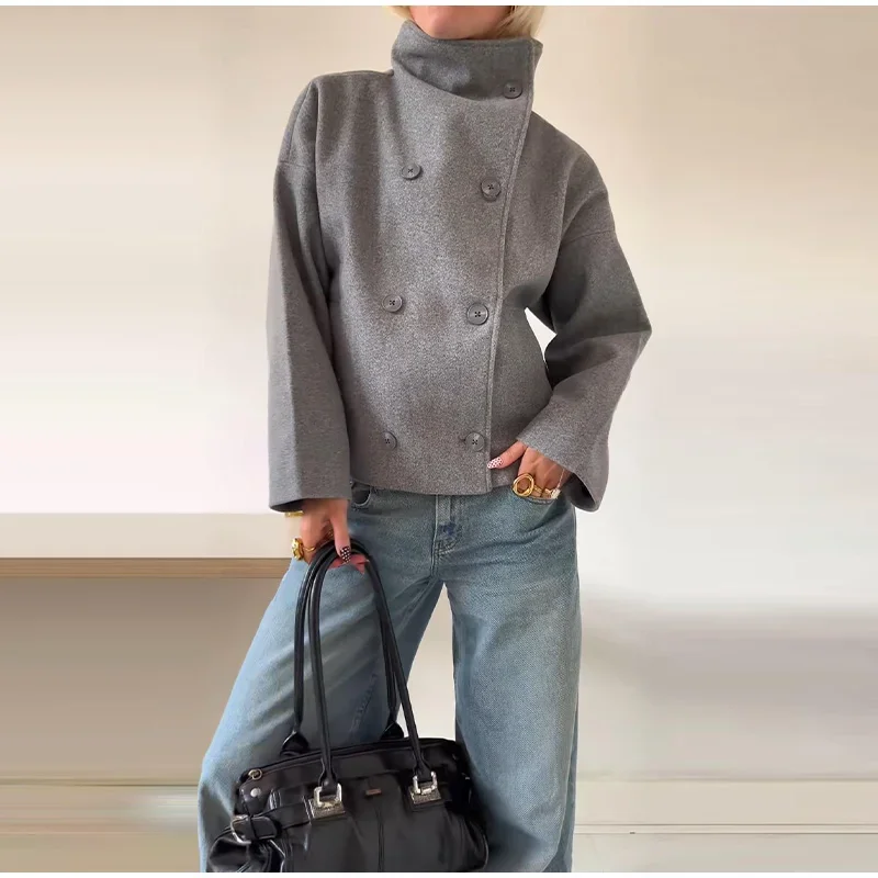 

Solid High Neck Double Button Topcoat Dropped Shoulder Loose 2025 Autumn Short Elegant Jacket Women Urban Casual Lady Outerwear