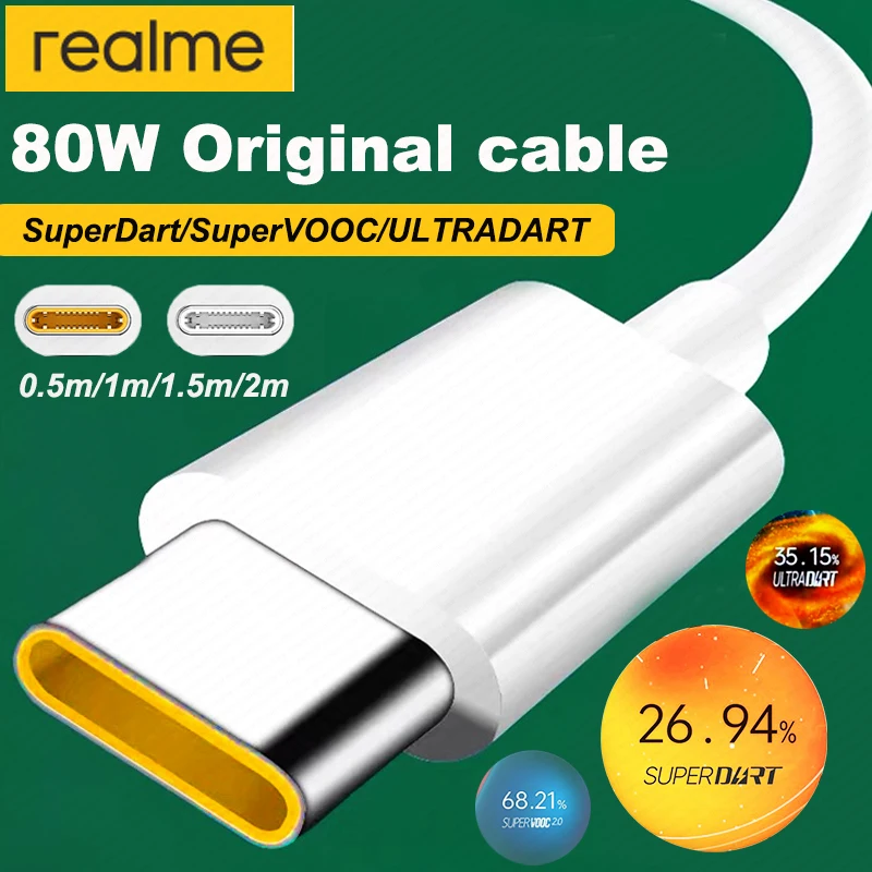 Realme Original Cable 80W 65W Usb Type C Super Dart Vooc Charger Cable Realme Gt NEO 5 3T 3 2 GT2 Pro 11 9 10 pro plus C55 C53