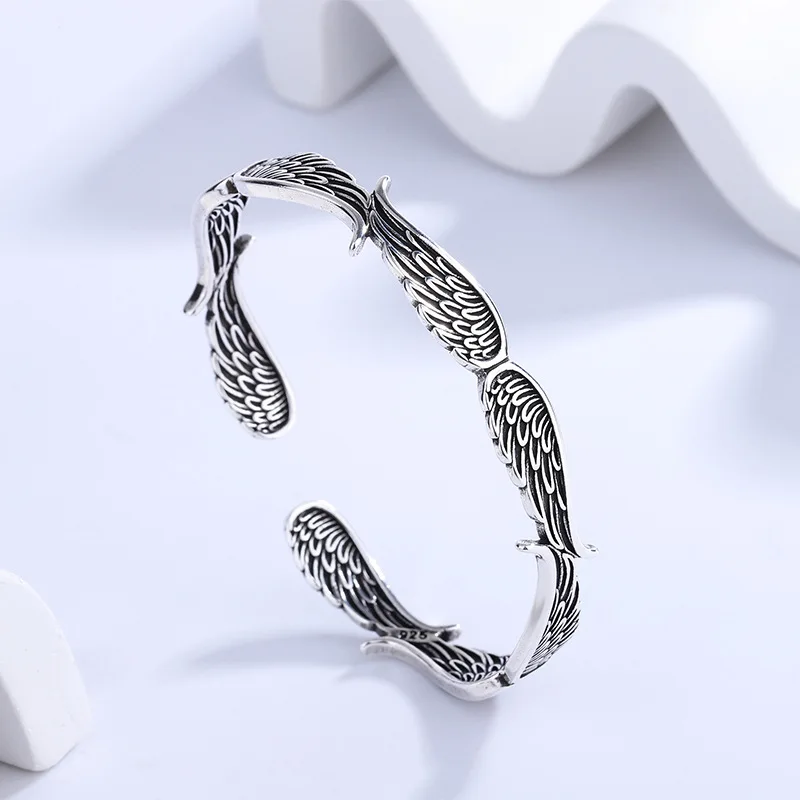 PANJBJ 925 Sterling Silver Feather Adjustable Couple Bangle Gothic Punk Design Women Jewelry Gift Lucky Bracelet Dropshipping