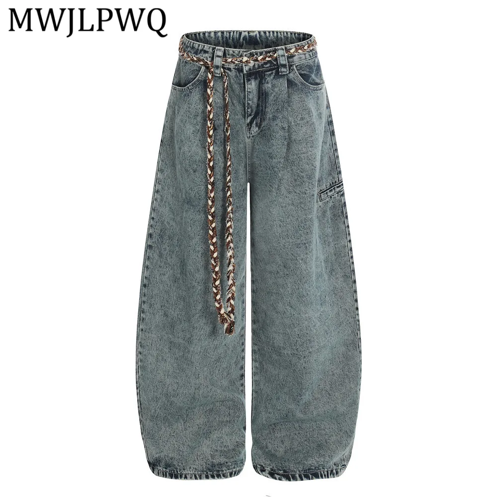 

MWJLPWQ Men's Loose Fit Wide-Leg Jeans Waist Strap Vintage Punk Style Distressed Wash Floor-Length Casual Pants Street 13726