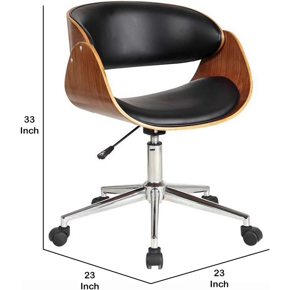 Benjara Joan 23 Inch Office Chair, 360 Swivel, Black Faux Leather and Brown Frame