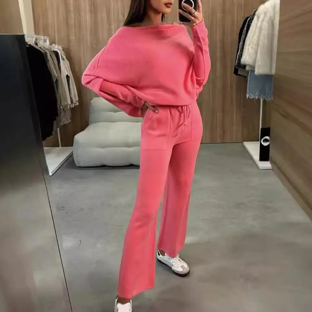 

2 Pieces/set Of Women's Overalls Off-the-shoulder Long Sleeve Sweatshirt Elastics Waistband Flared Sweatpants Tracksuit