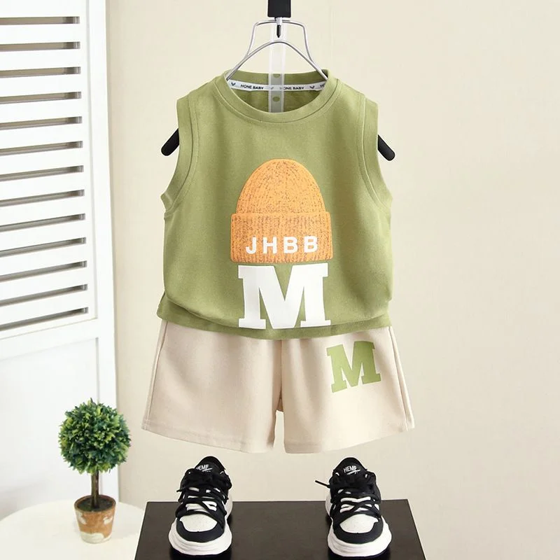 Baby boy children's clothing suit summer M hat vest +M letter printed casual pants 2cps suit hip-hop sports casual style.