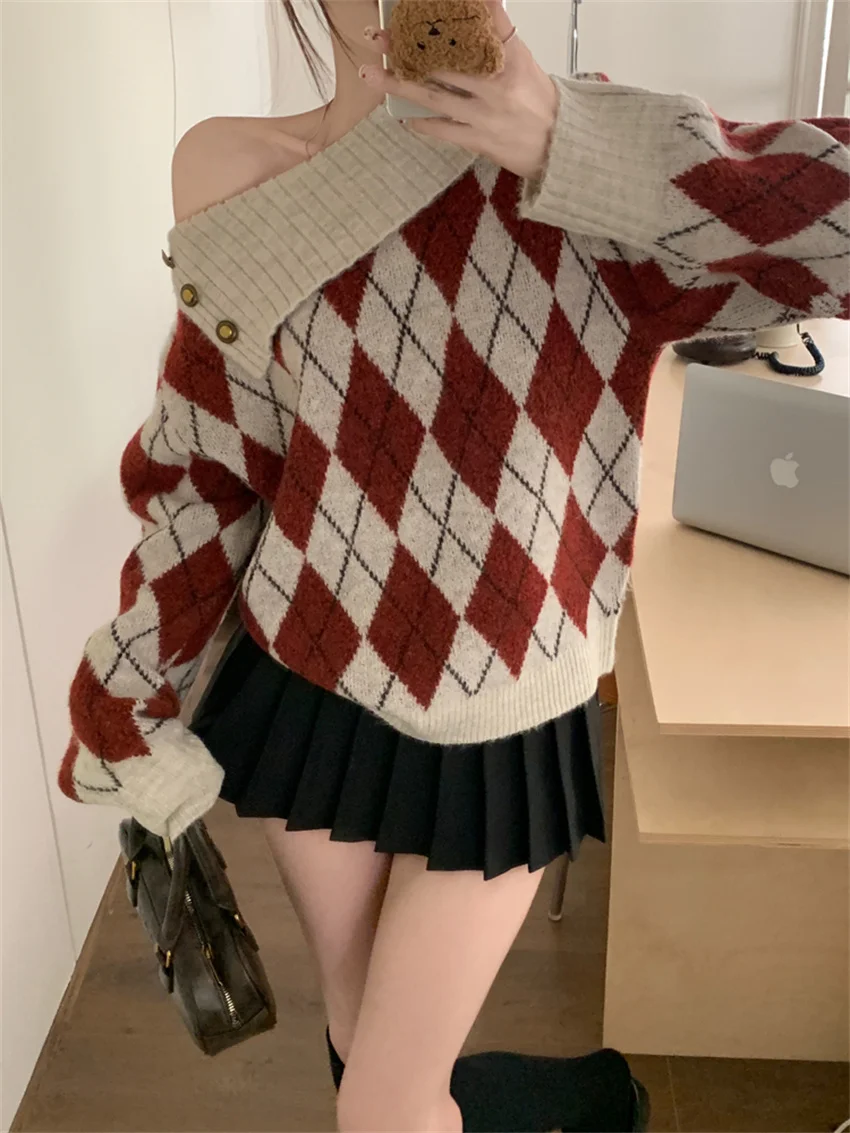 PLAMTEE Classic Sweaters Office Lady Plaid Women Knitwear Loose Winter Gentle 2025 New Casual Pullovers Daily Off Shoulders