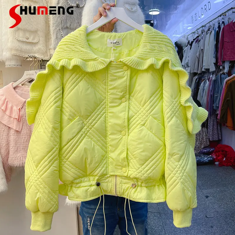 Ladies Fashion Down Cotton Quilted Jacket New 2023 Winter Korean Style Women Lotus Collar Knitted Patchwork Parkas Warm Outwear