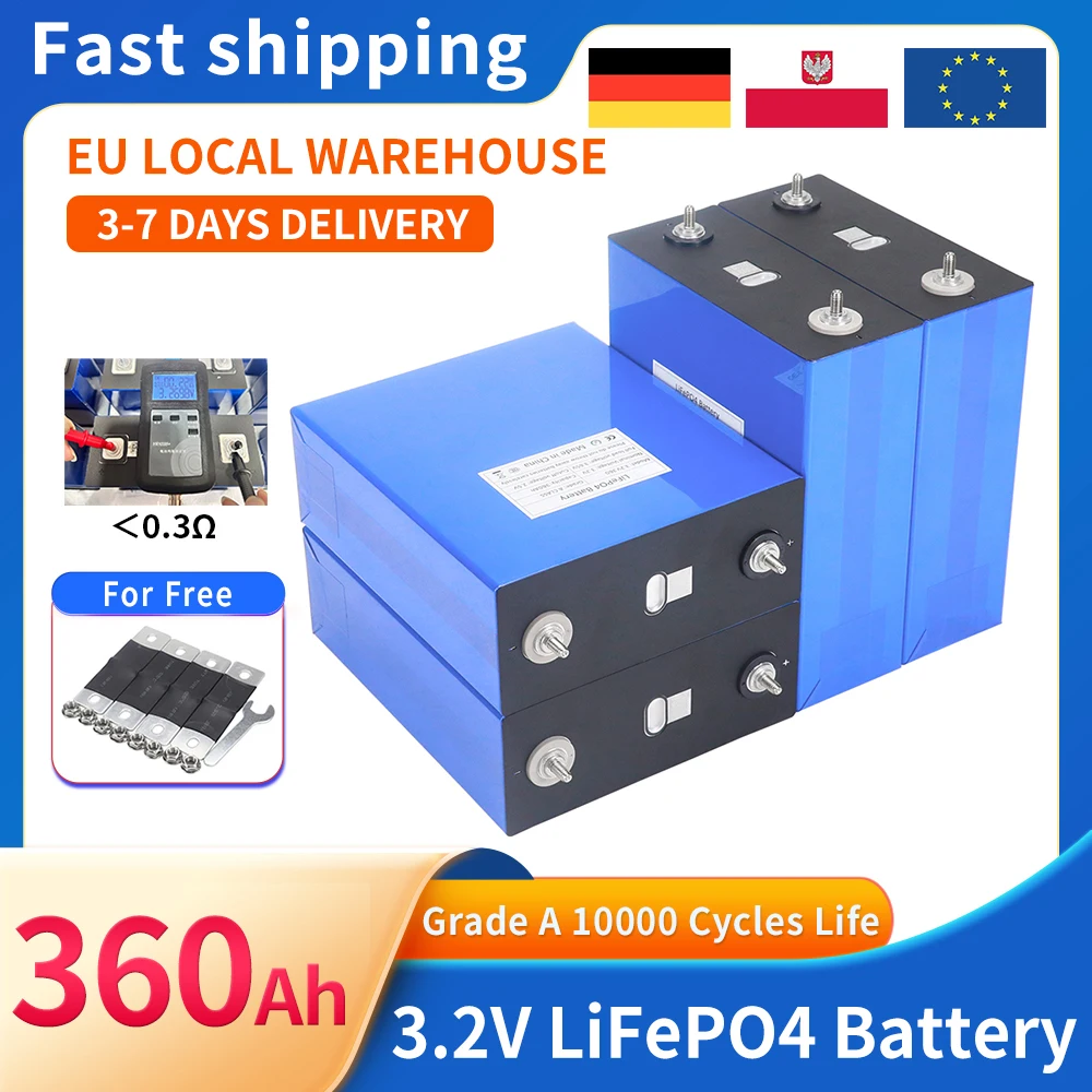 Grade A 360Ah LiFePO4 Battery 10000 Cycles 3.2V Rechargeable Lithium Iron Phosphate Cell DIY 12V 24V 48V Solar RV Vans Golf Cart