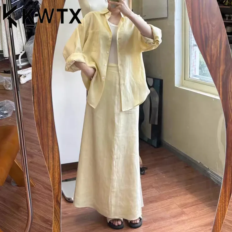 

KWTX 2025 Spring Summer Lightweight Cotton Linen 2 Piece Set Shirt Top & Midi Skirt Slim Fit Casual Elegant Luxury Chic Outfit