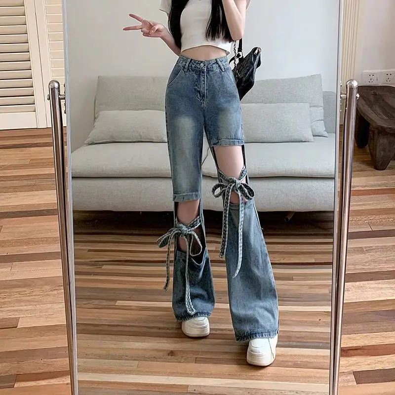Bow Hollow Ripped Wide Leg Jeans Women's Large Size Straps Slim Drape Floor Pants