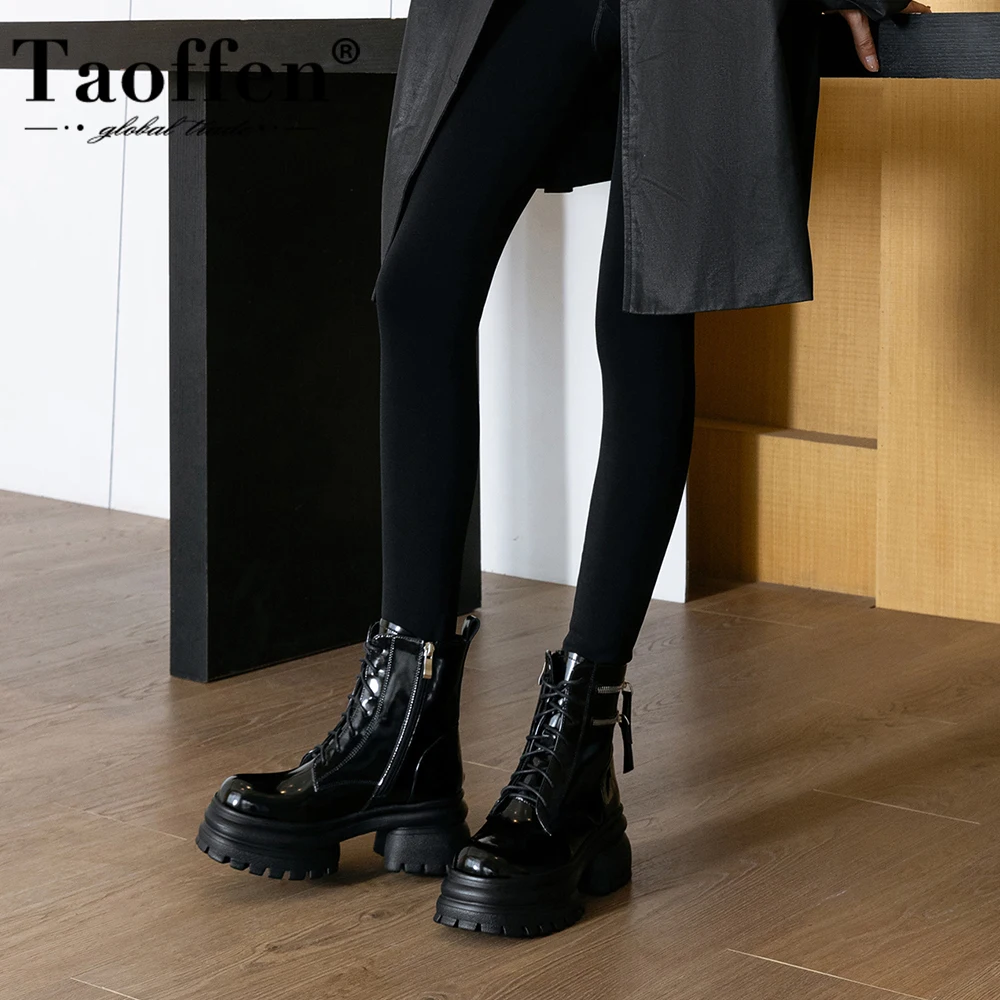 Taoffen Women Fashion Platform Boots Round Toe Zipper Decoration Thick Bottom Ankle Boots Lace Up Street Style Motorcycle Boots