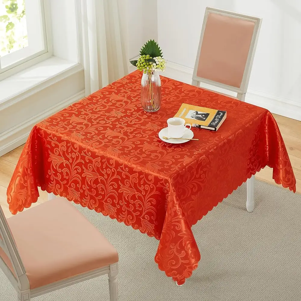 

Wave Scroll Damask Jacquard Square Orange Tablecloth 52""X52""，Wipeable Table Cover For Dining Table, Buffet Parties And