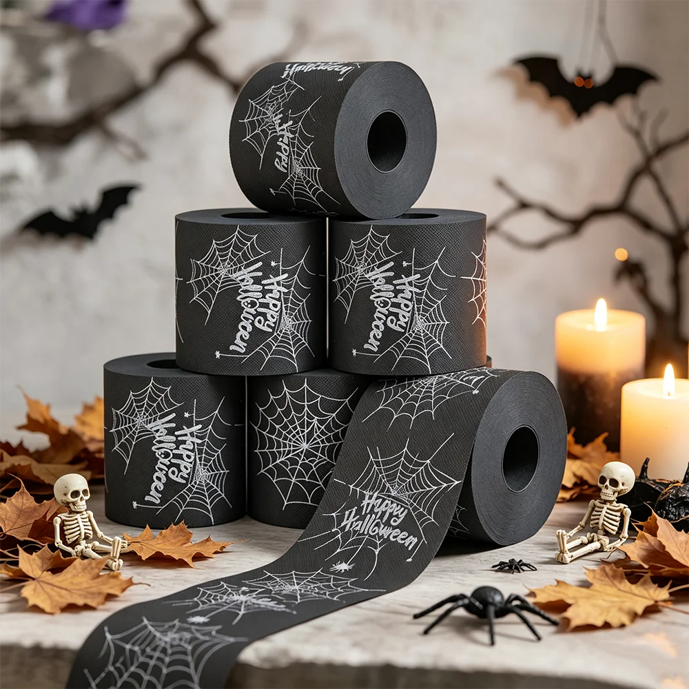 Halloween black spider toilet paper, dark web design paper, happy Halloween home decoration, Halloween bathroom decoration, devil night party supplies, suitable for Halloween party gifts, Halloween supplies, holiday atmosphere decoration