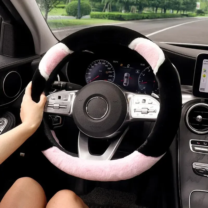 Cute Cartoon Car Steering Wheel Cover Winter Round Plush Car Handlebar Cover Warm Pad D-shaped Steering Wheel