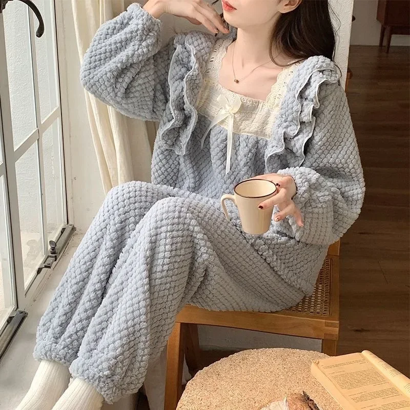 New Autumn Winter Women Loungewear Plush Thick Pajamas Girl Ladies Lace Thermal Set Woman Soft Homewear Loose Home Clothes Lady