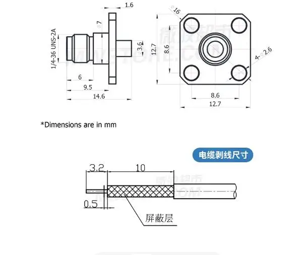 10pcs/lot SMA female four hole flange connector with a hole spacing of 8.6mm, connected to 086 cable 18G SMA-KFB2-2