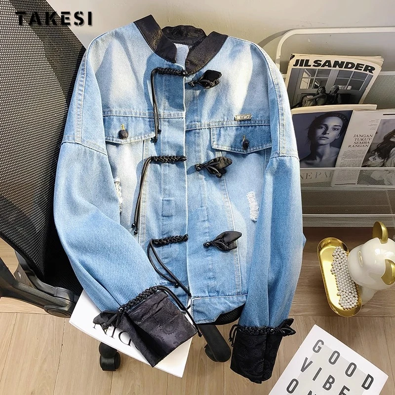 

American Retro Style Baggy Casual Blue Patchwork Denim Jacket 2023 Autumn Winter Women's High Street Y2K Vintage Loose Jean Coat