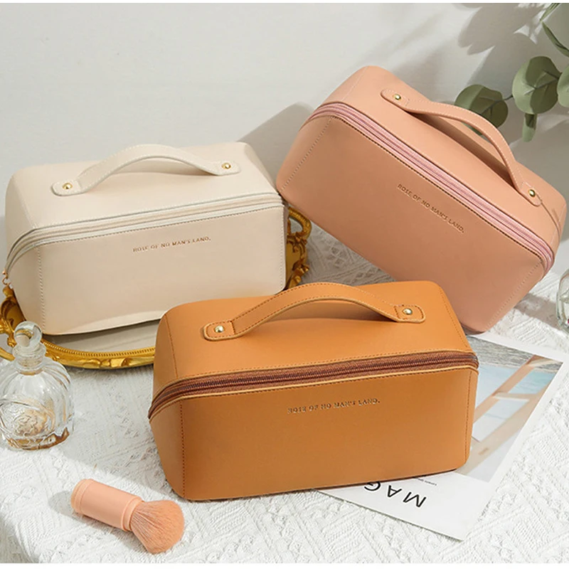 Bolsa de maquillaje de cuero Pu para mujer, bolsa de cosméticos impermeable con cremallera, organizador de viaje, bolsa de lavado