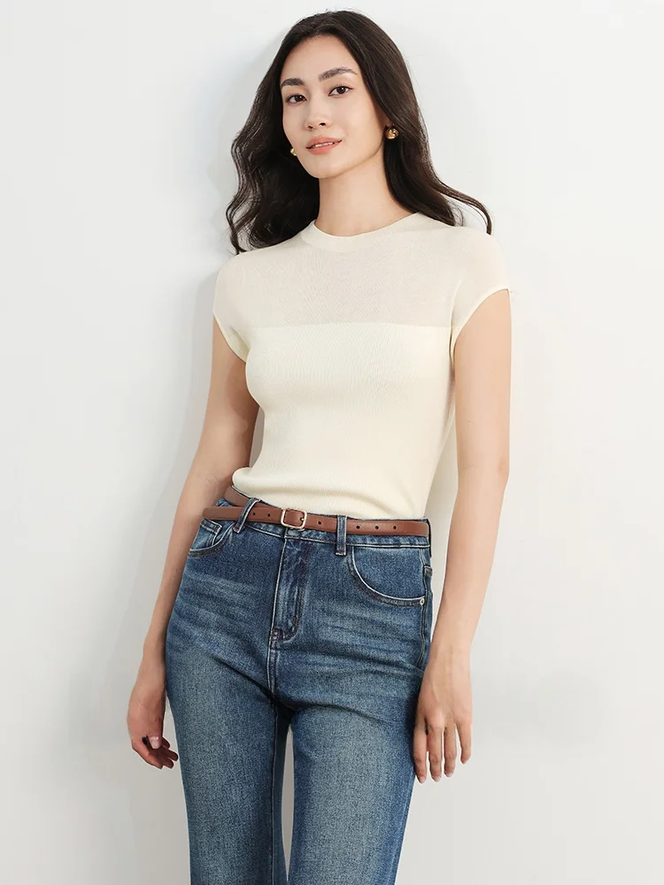 

Ele High Elastic Slim Fit round Ne Knitted T-irt Silk Blend ort Sve Women's Commute Sle Soft Breathable