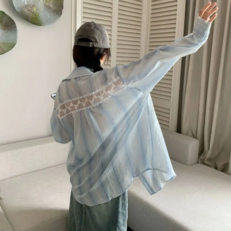 

Весенняя женская рубашка в полоску цвета френч-блю, новинка 2026 года, свободный крой, уникальный дизайн, повседневная, комфортная, омолаживающая модель