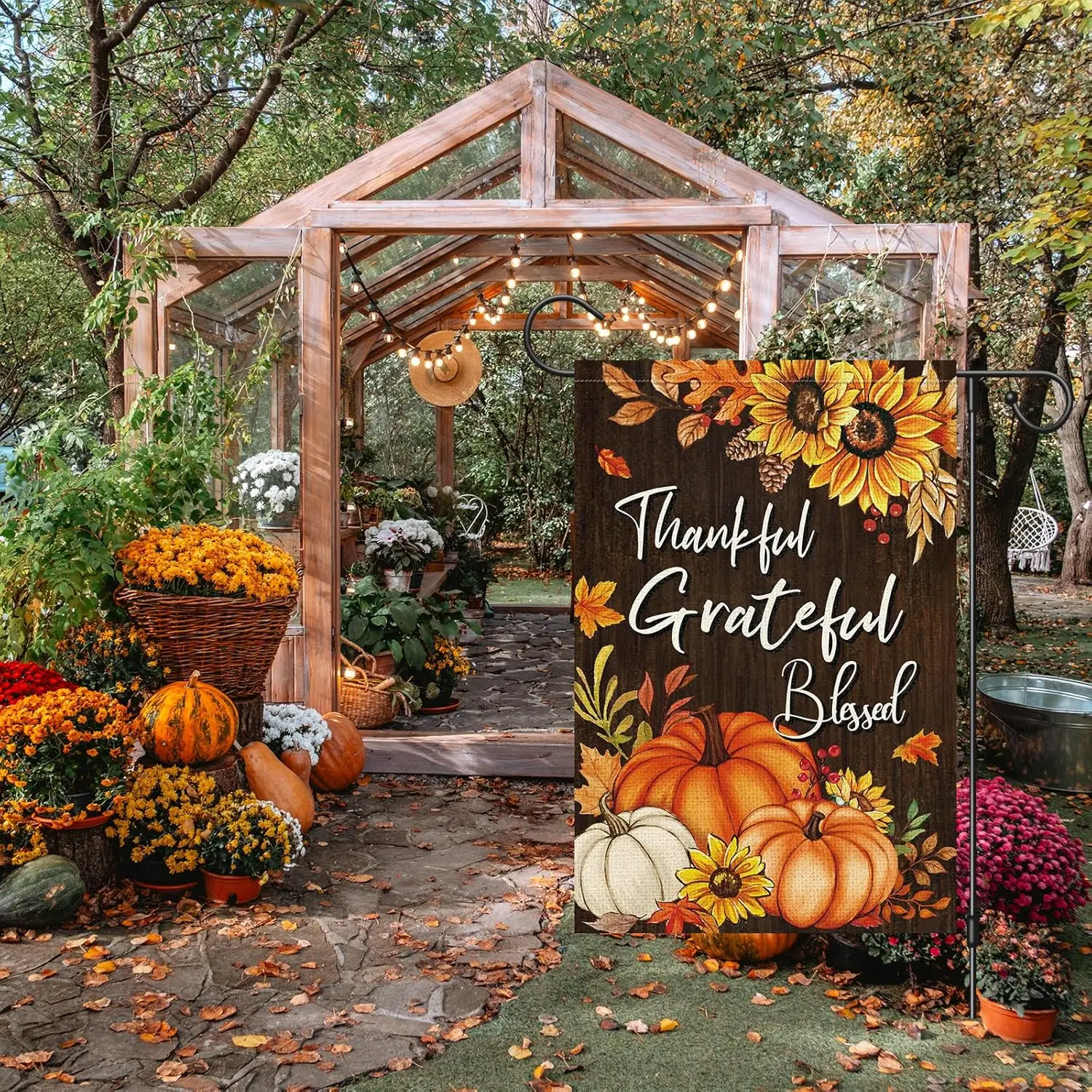 Thankful Grateful Blessed Thanksgiving Garden Flag 12 x 18 Inch Double Sided Outside, Fall Pumpkin Sunflower Leaves Small Ya zzo