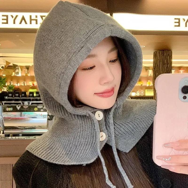 

Winter Fashion Knitted Hooded Hat Women Grey Neck Cover Balaclava Beanies Korean Trend Y2k Wool Pullover Hat