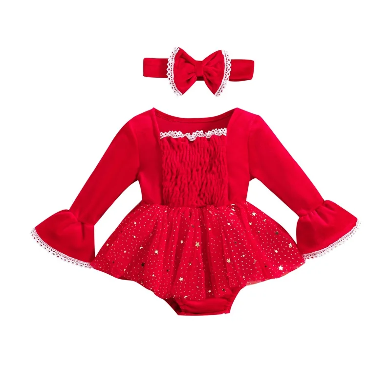 

Christmas Baby Girl Bodysuit Autumn Clothes 2Pcs Xmas Outfits Newborn Long Sleeve Lace Trim Tulle Dress Jumpsuit with Headband