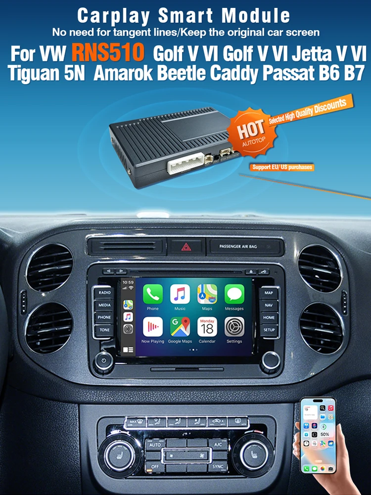 AUTOTOP Bezprzewodowy CarPlay Android Auto do Volkswagen VW Tiguan Passat Golf 6 Polo Skoda Seat RNS510 Series Phaeton Mirror Link — 2