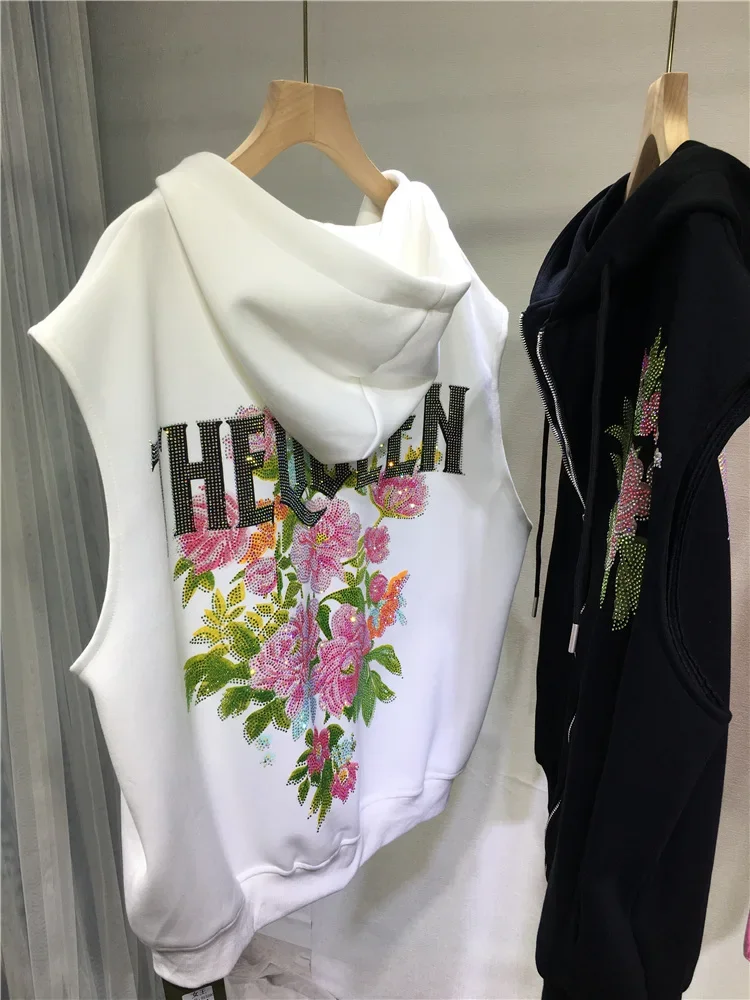 Luxury Hot Drilling Women Vests Coat 2023 New Spring Autumn Hooded Zip Sleeveless Jacket Loose Shiny Peony Flower Waistcoat