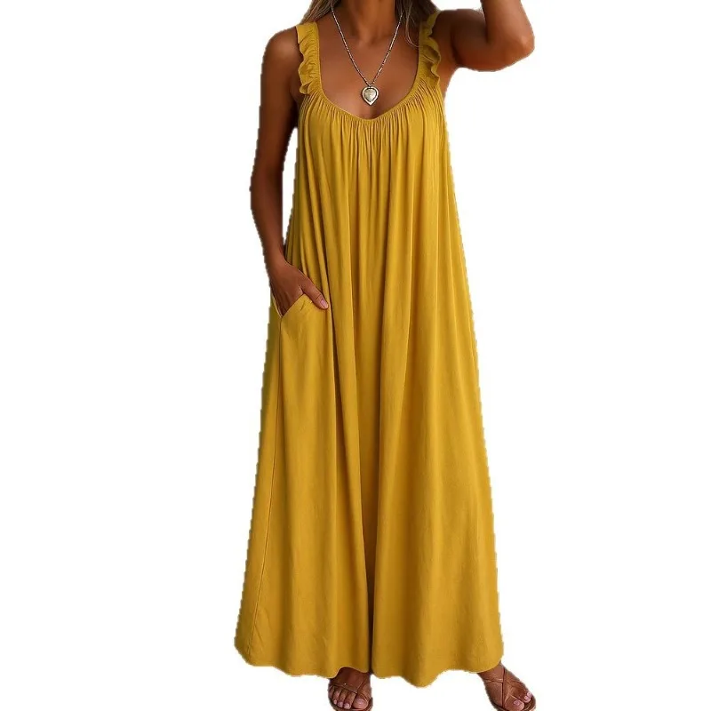 2025 Nuovo abito casual da donna - Abito maxi a strati con spalline e scollo a U con vita smockata in più colori