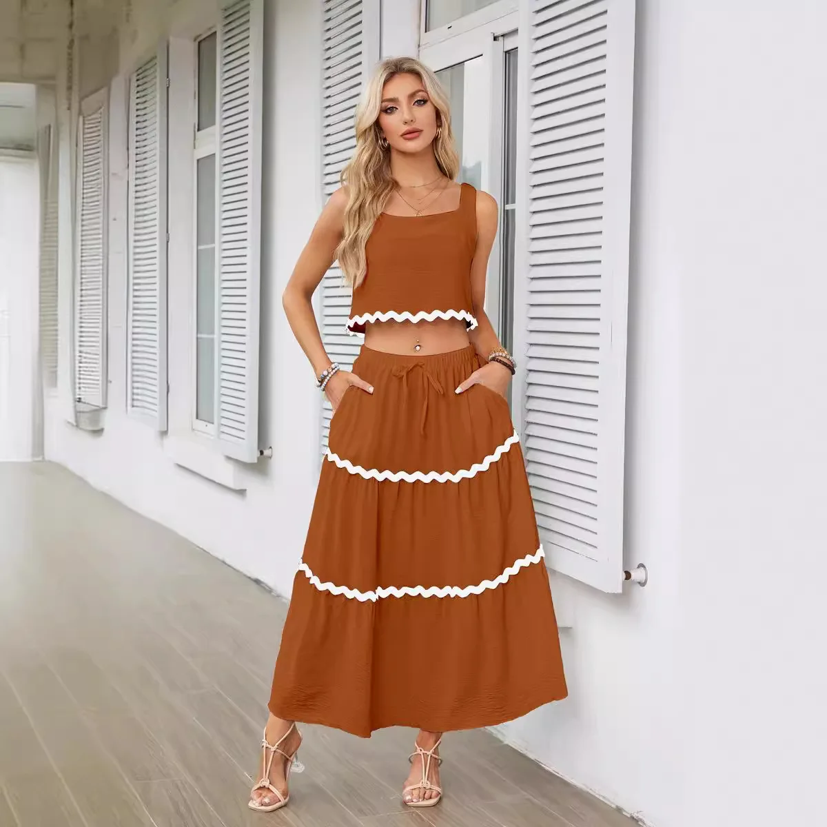 Wave Stripe Holiday Strap Dress Set Spring Summer Crop Top Elegant Sleeveless 2 Pcs Matching Sets Long Skirt A-line Beach Suit