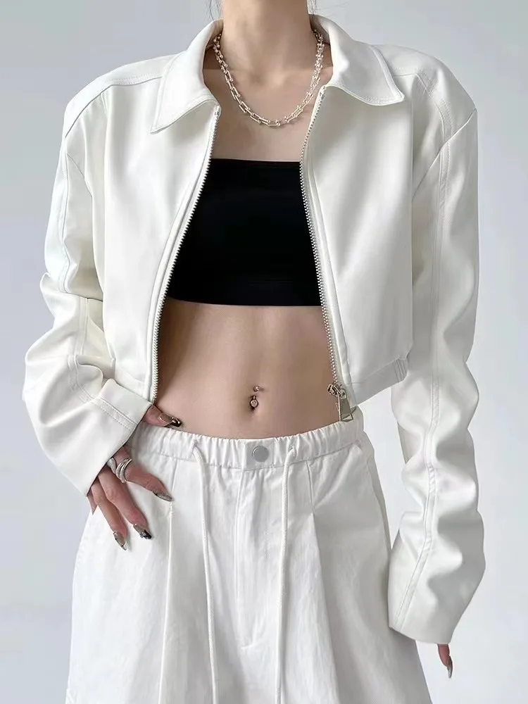 Jackets PU Leather Women Black Lapel Long Sleeve Crop Coats American Retro Streetwear Zipper Fashion Casual Female Outerwear