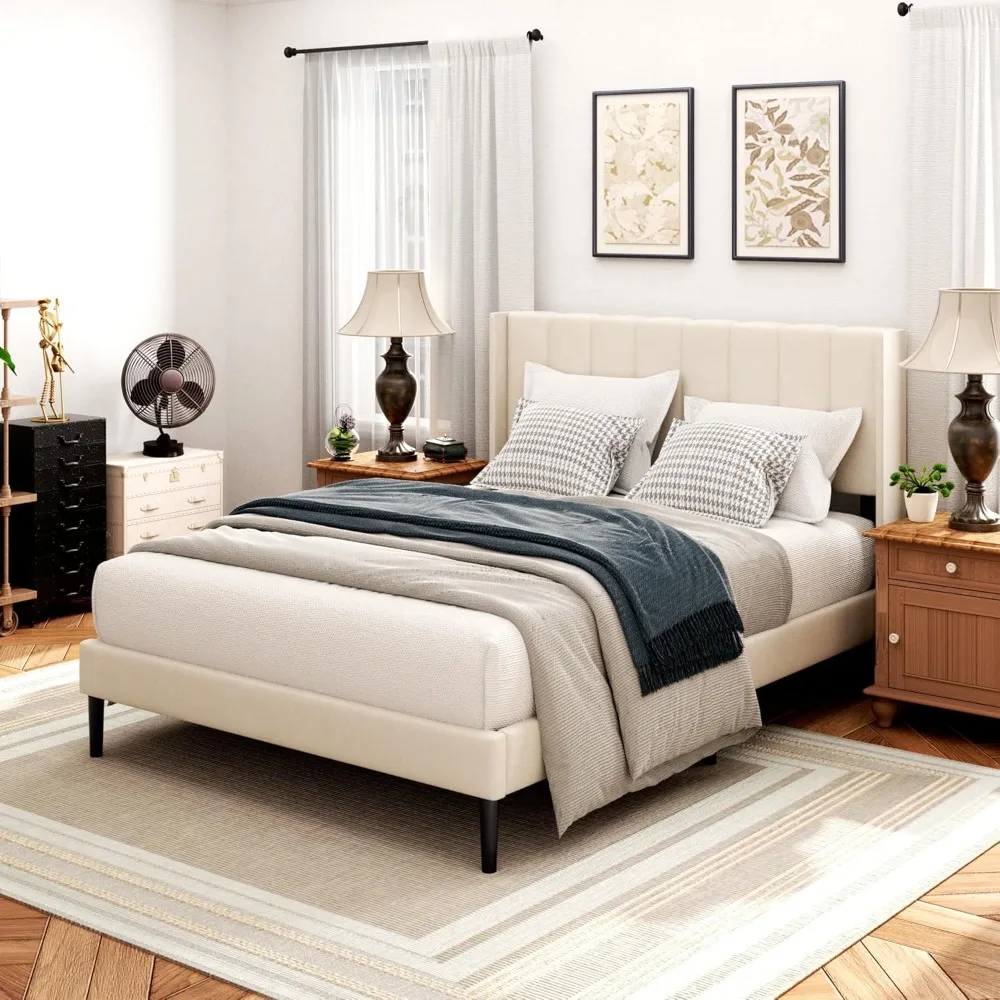 

Queen Bed Frame with Headboard,Bed Frame Queen Size Vertical Channel Tufted Wingback No Box Spring Needed, Bed Frames