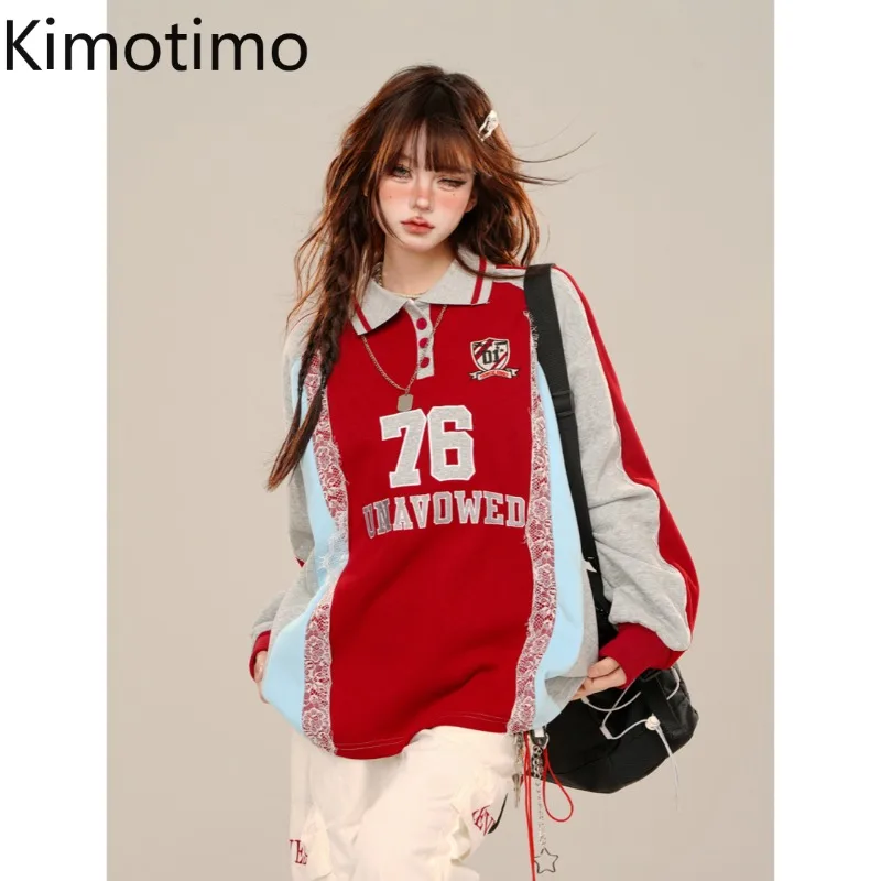 Kimotimo American Lace Letter Print Sweatshirt Women 2025 Spring Turn Down Collar Loose Sports Tops Casual Fashion Streetwear