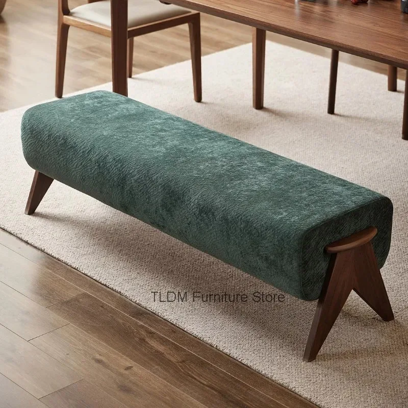Textured Fluffy Fabric Dining Bench Solid Wood Slanted Legs Full Padded Long Ottoman Stool Decorative Seat for Dining Room