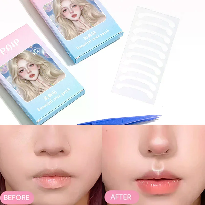 Autocollants transparents invisibles pour le nez, 30 pièces, fins, avec pincettes, Patch rétractable pour l'aile du nez, pour Cosplay, spécial rétractable du nez