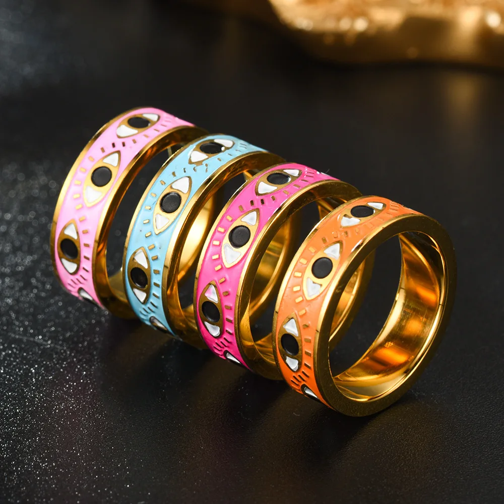 

Pink Red Blue Enamel Engrave Cute Lovely Turkish Evil Eye Stainless Steel Rings 6MM Gold Color Eternity Band Rings For Women