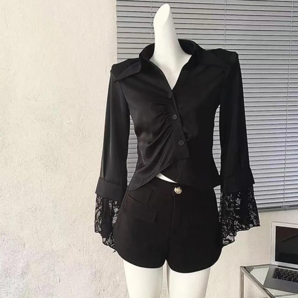 

V-neck Lace Long Sleeve Shirts Short Slim Fit Black White Korean Style Blouse Lace Clothing Sleeves Streetwear