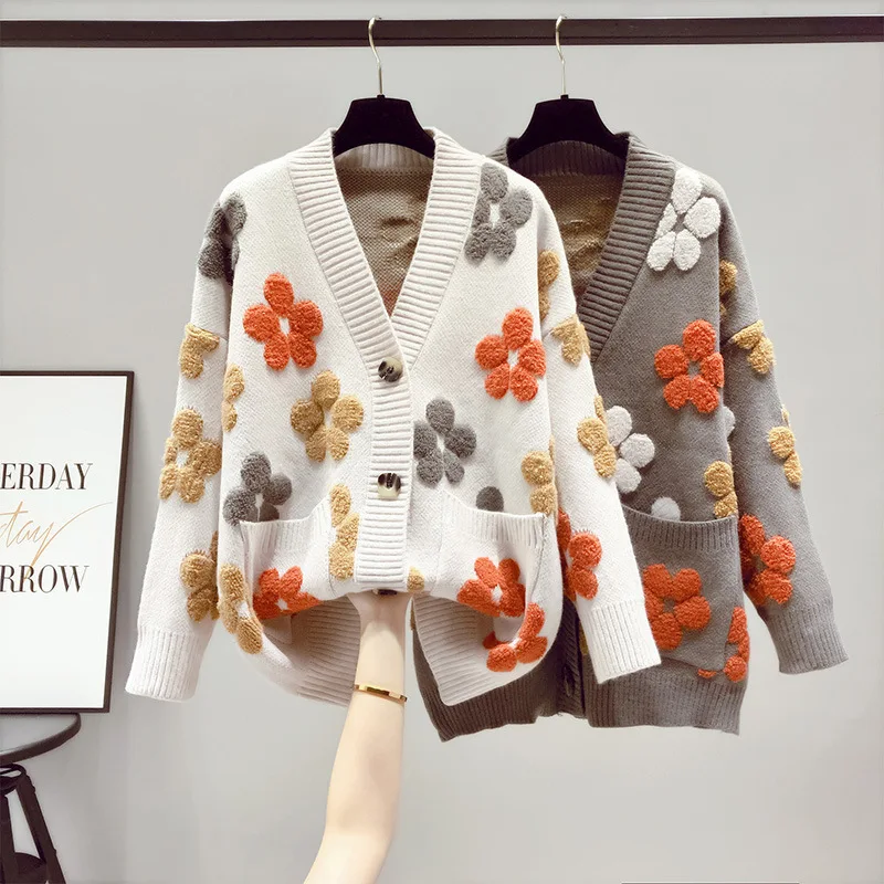 Embroidery Knitted Cardigan Women\'s Sweater Warm Long Sleeve Flower Print Pocket Jumpers Autumn Winter Loose Sweaters