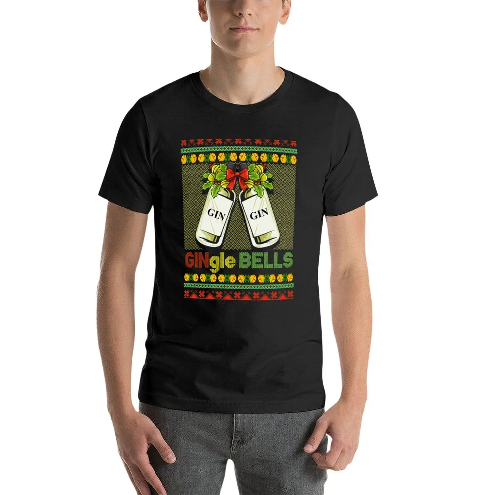 Gin-gle Bells Ugly Christmas Sweater Style Funny Jingle Bells Humor T-Shirt graphics heavyweights hippie clothes T-shirt men image 4