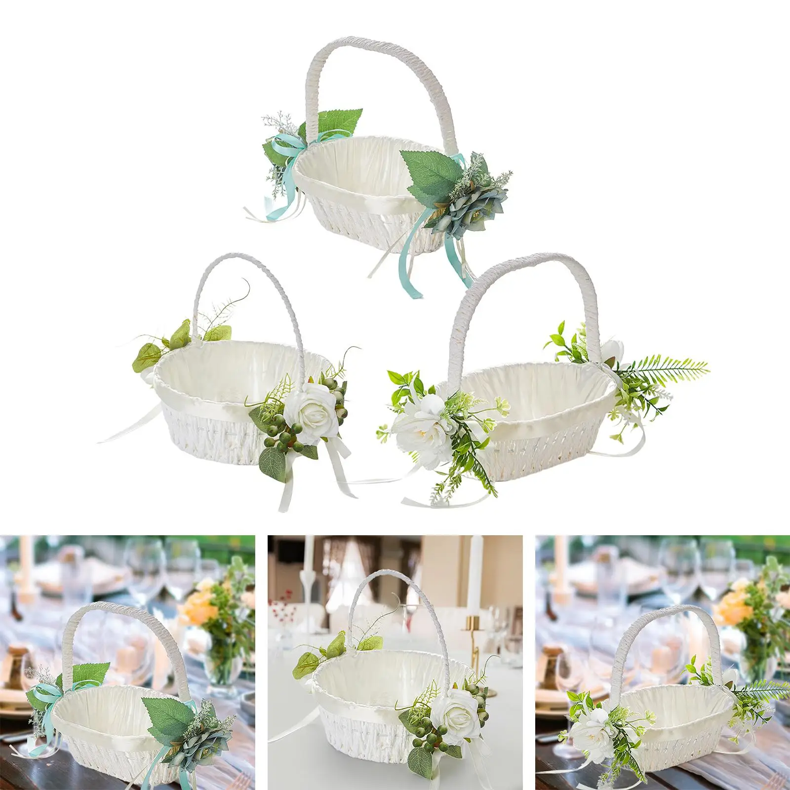 Flower Girl Basket Flower Petal Basket Portable Satin Flower Basket for Bride Shower Ceremony Banquet Engagement Ceremony Party